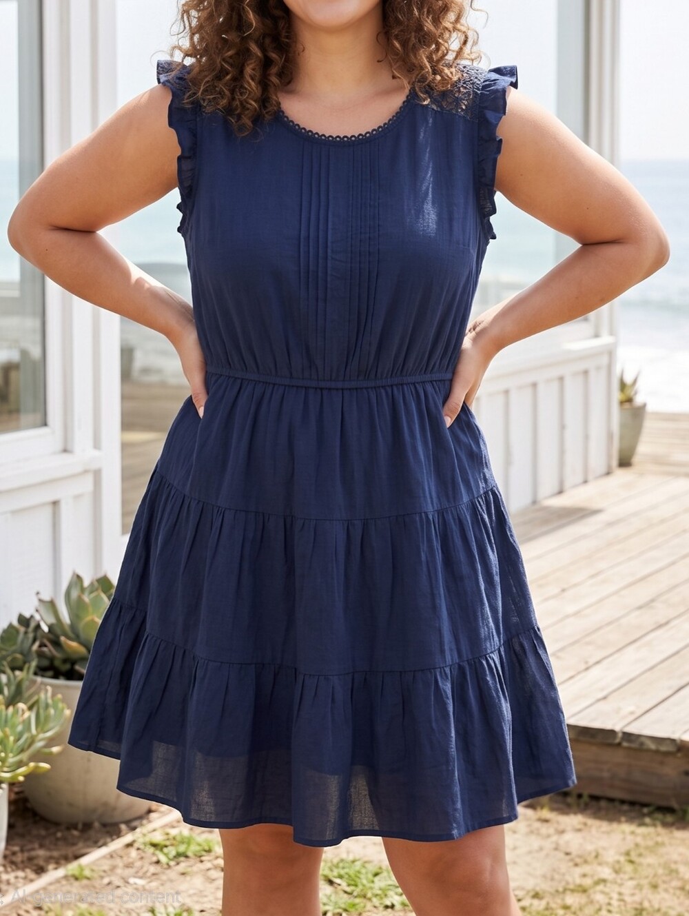 E&M Navy Blue Lace Ruffle Sleeve Dress Size L Boho Tiered Dress